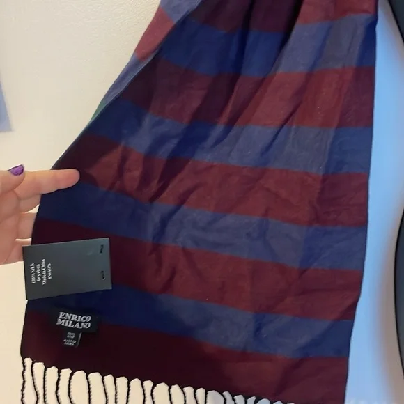 Enrico Milano Reversible Striped Silk Scarf Fringe OS Navy Maroon Green